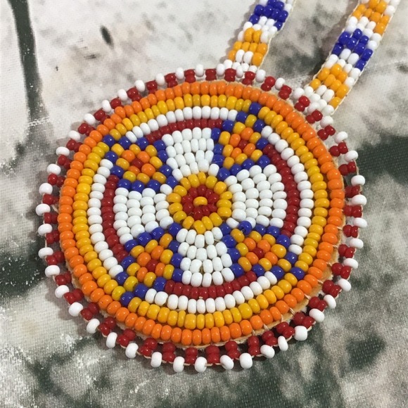 Beaded Necklace Long Drop Handmade Southwest Themed Round Beaded Pendant VTG - Picture 2 of 5